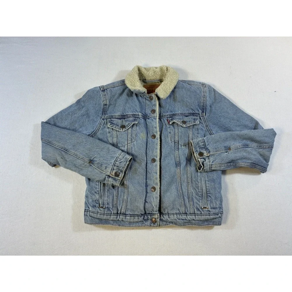 Vintage‎ Levis Sherpa Lined Denim Trucker Jacket Light Wash Blue Womens Size M
